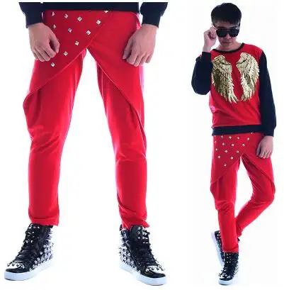 Мужские штаны с заклепками для сцены шаровары певицы танцев рок pantalon homme street