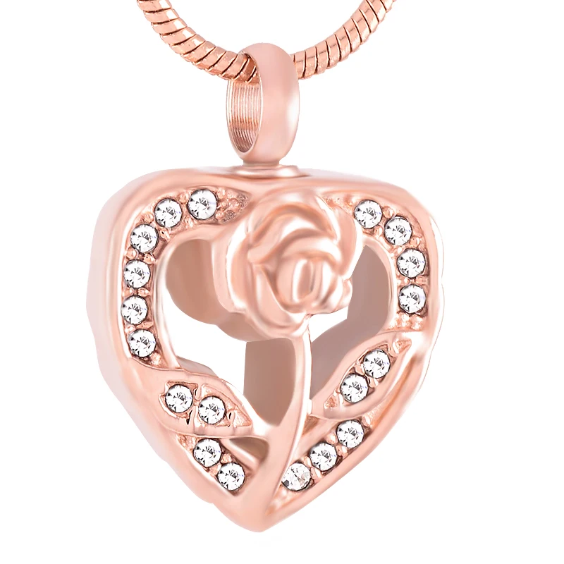 

IJD9345 Crystal Rose Flower In My Heart Stainless Steel Cremation locket Necklace Hold Ashes Keepsake Memorial Urn Pendant