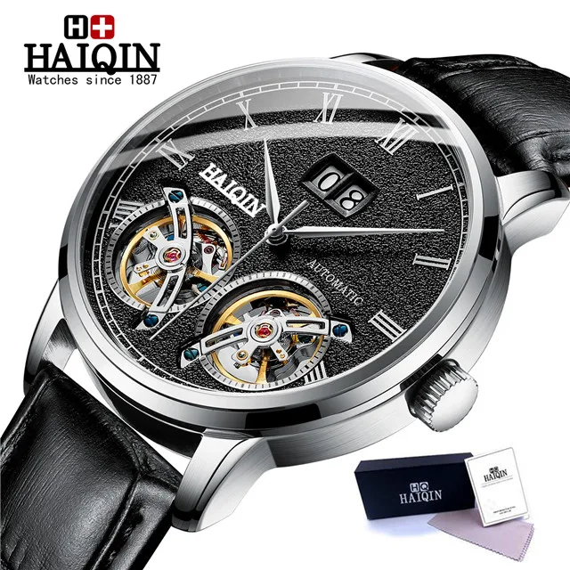 L-silver black HAIQIN мужские s часы Топ люксовый бренд автоматические механические наручные часы Мужские Двойные Tourbillon модные водонепроницаемые часы relogio masculino - Цвет: L-silver black
