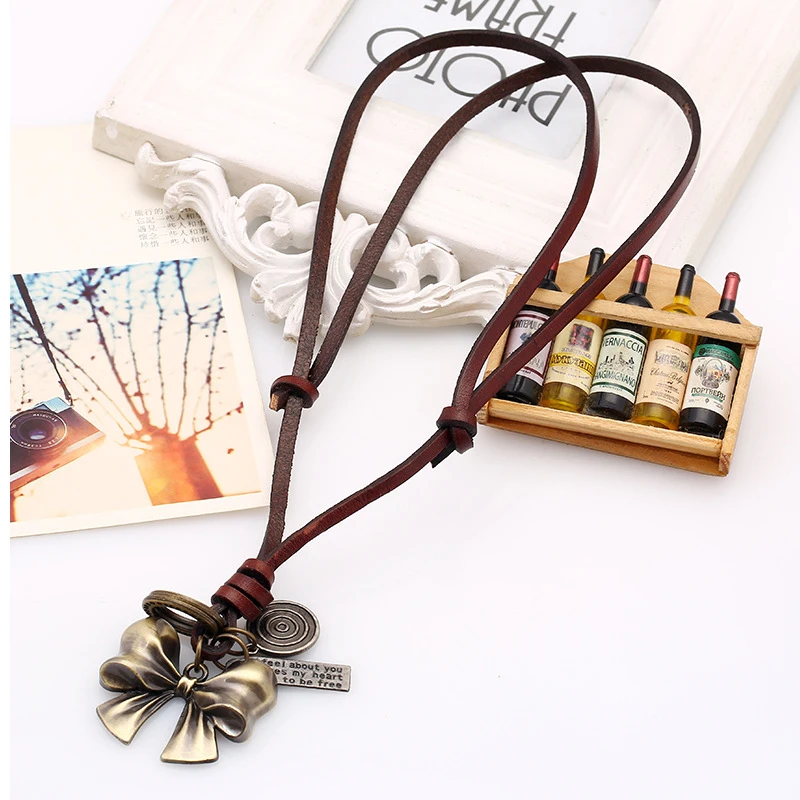 Handmade New Casual Rock Cute Bronze Circle Butterfly Pendant Brown Genuine Leather Choker Chains Men Necklace Women Jewelry | Украшения и