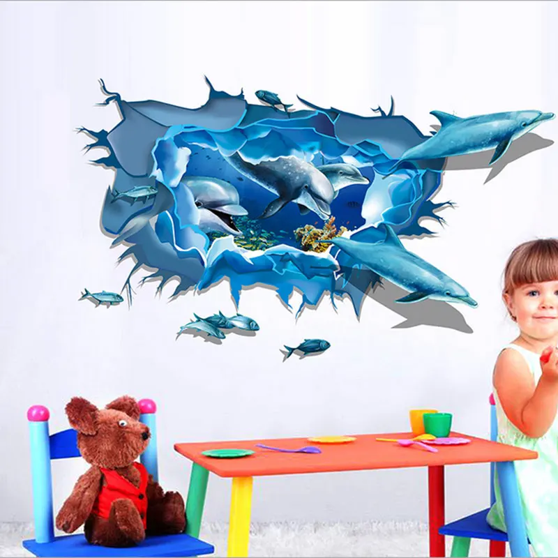 1X kawaii 3D Stereoscopic dolphin Kids Rooms Living Room Sofa Bedroom Stickers Background Wall art Home Decor Vinyl Sticker | Дом и сад