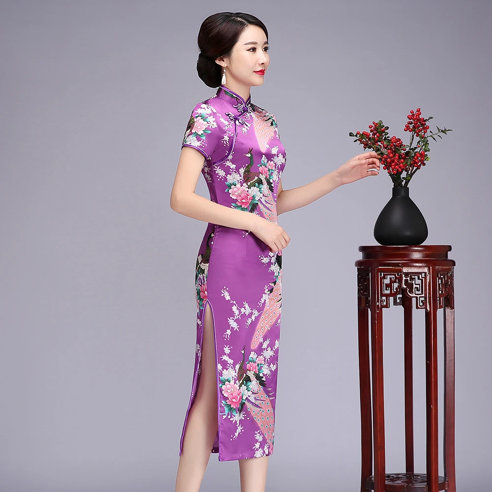 

Elegant Purple Women Satin Cheongsam Chinese Vintage Long Slim Qipao Summer Sexy Vestidos Gown S M L XL XXL 3XL 4XL 5XL 6XL