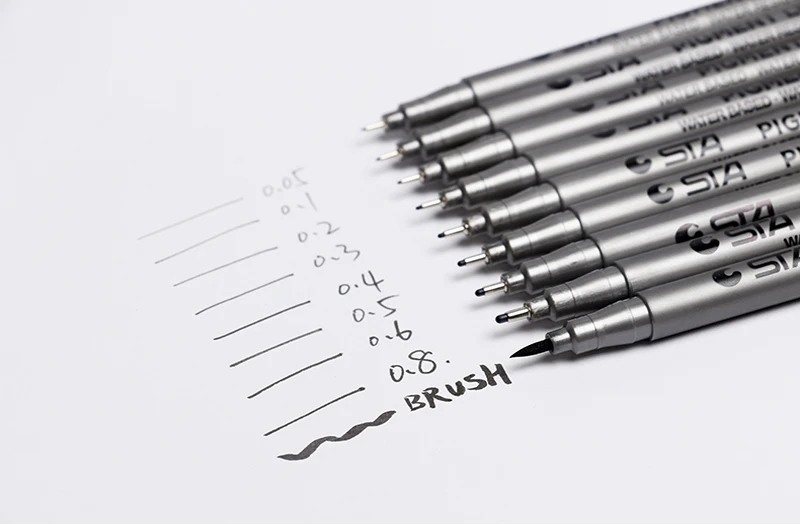 Цельнокроеное платье пигмент лайнер Pigma Micron чернил производитель ручки 0,05 0,1 0,2 0,3 0,4 0,5 0,6 0,8 различных наконечников черный тонколинейная ручка для эскизов
