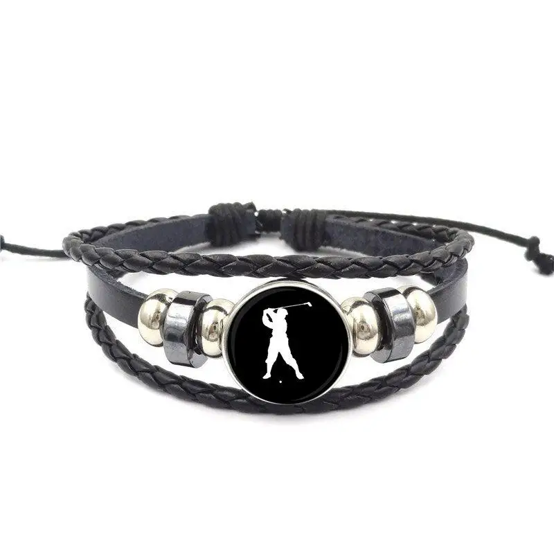 EJ Glaze Black Leather Bracelet Bangle Glass Cabochon Vintage Statement Fashion Jewelry For Men Women Gift Golf Player | Украшения и