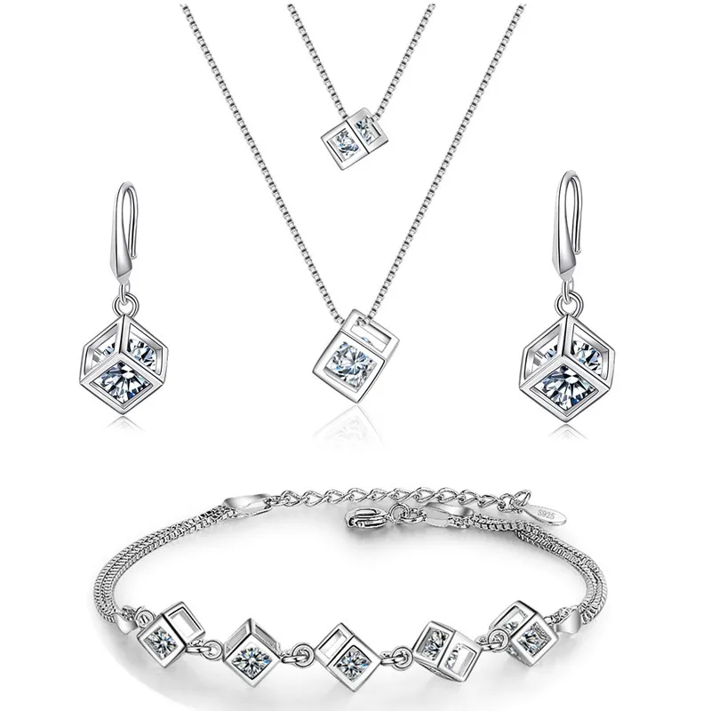925 серебряные ювелирные наборы для женщин Кубик Рубика из сердец ожерелье s &