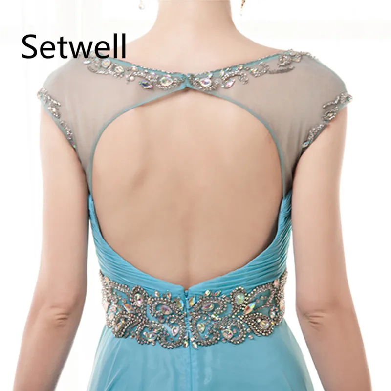 

Setwell New Prom Dresses 2017 Crystal Beading Illusion Neckline Backless Formal Evening Gowns Floor Length Chiffon Prom Dress