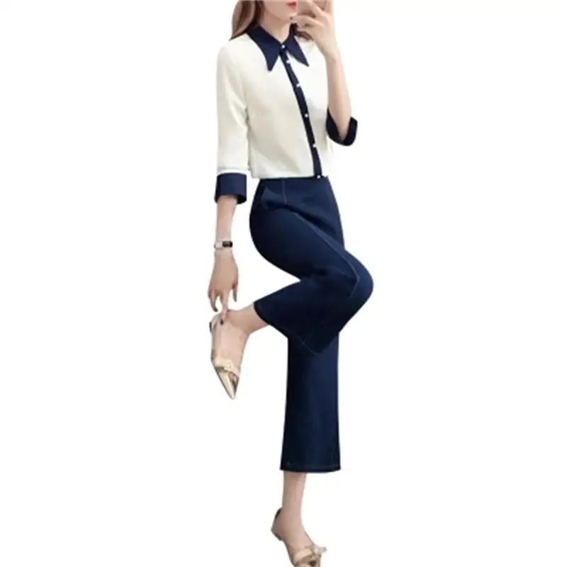 

Fashion suits Women Spring New fashion seven sleeve shirt + high waist nine points wide leg pants two sets of summer suit female