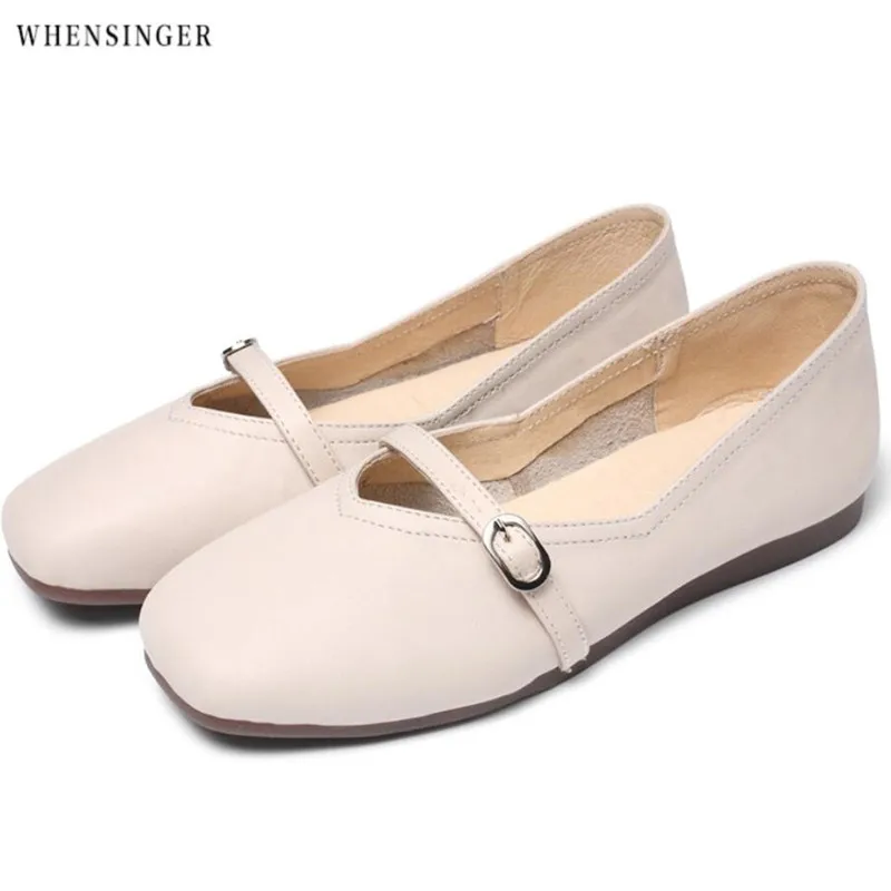 

Whensinger - Women Loafers Genuine Leather Fashion Round Toe Ladies Flat Shoes Woman Sweet Flats Word Band Casual Shoes