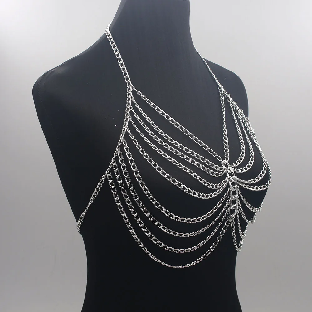 Сексуальное бикини Chainmail Топы обвязка для тела Грудь Цепочка Золото Серебро украшения для тела колье в стиле бохо подарок для девочек BY147-1