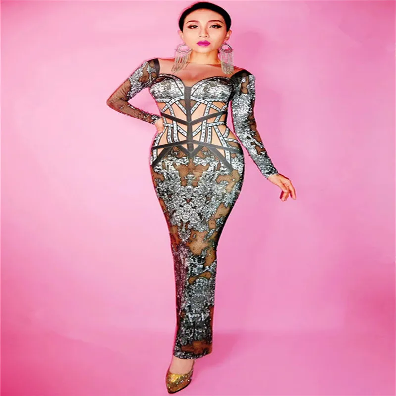 

F51 Black models ds Lace-up rhinestone dress ballroom dance costumes stage long skirt dj woman's gown party singer wears