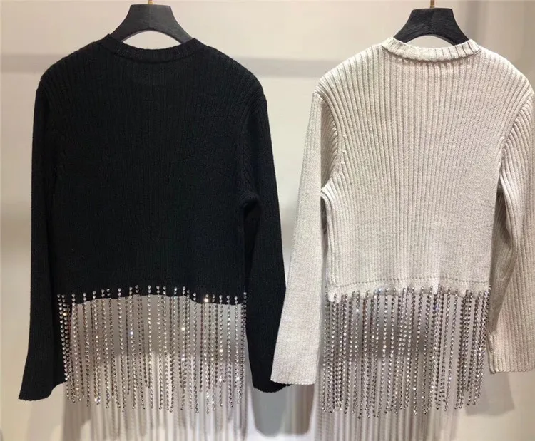 Autumn 2018 Casual Clothes Women White Black Knitted Cardigans Fashion Long Sleeve Wool Tassels Rhinestones Short Coat Girls |