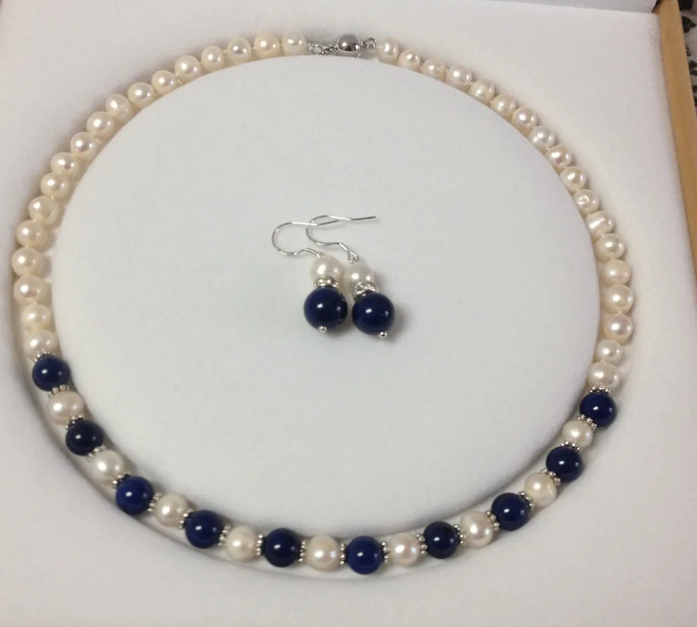 

Charming!White Akoya Cultured Pearl/Lapis Lazuli necklace earrings set AAA style 100% Natural Noble Fine jewe