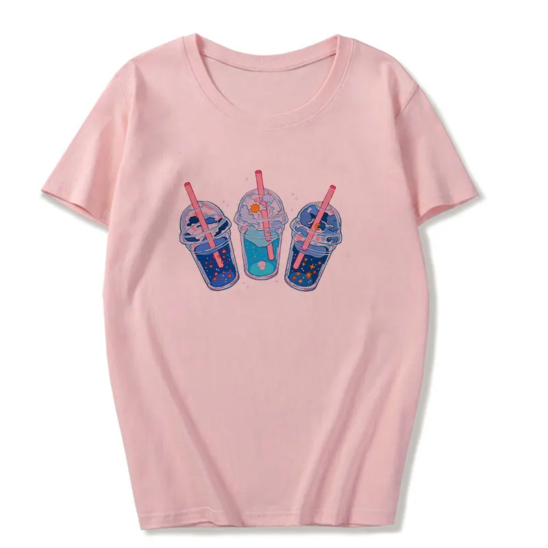 2029-pink Корейский стиль Kawaii клубника молоко мультфильм напитков печатных футболка Harajuku розовый девичье сердце Ulzzang Kpop женская уличная одежда - Цвет: 2029-pink