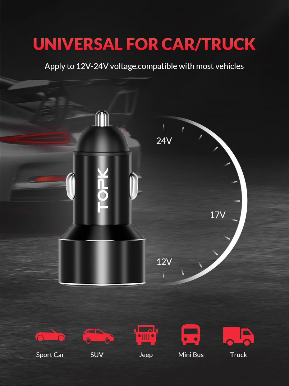 TOPK Dual USB Автомобильное зарядное устройство цифровой дисплей для iPhone X XR Xs samsung Xiaomi huawei 2 порта USB автомобильный адаптер зарядного устройства для телефона в автомобиле