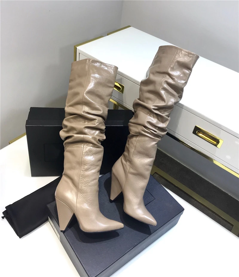 BuonoScarpe Leather Knee High Boots Woman Pointed Toe Strange High Heel Shoes Women Chic Spike Heel Long Pleated Boots New