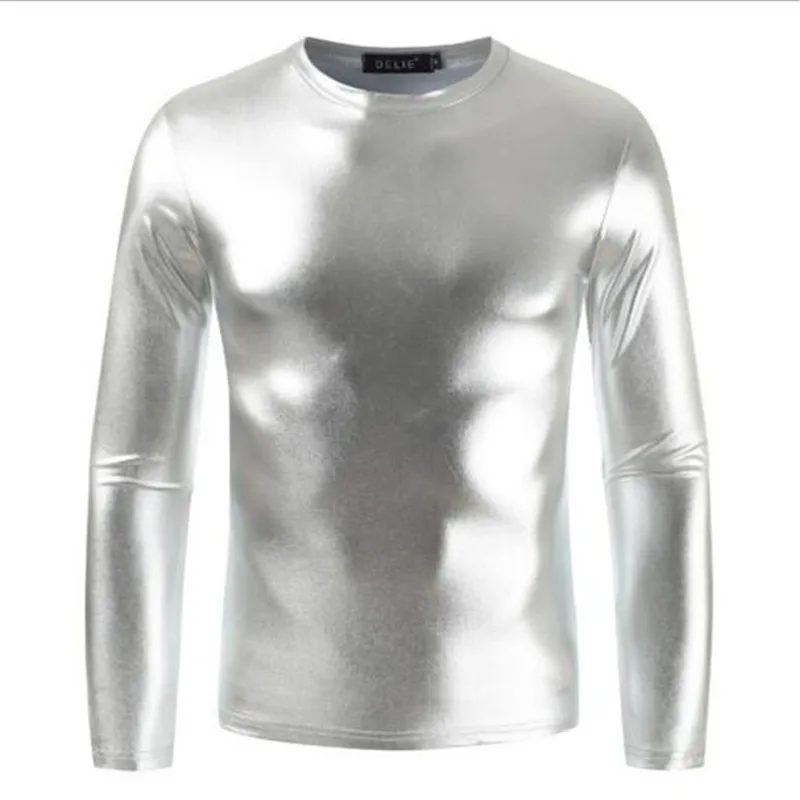 Men t shirt 2021 new long sleeved tshirt men's O neck fashion gold silver shiny t-shirts streetwear camisetas hombre | Мужская