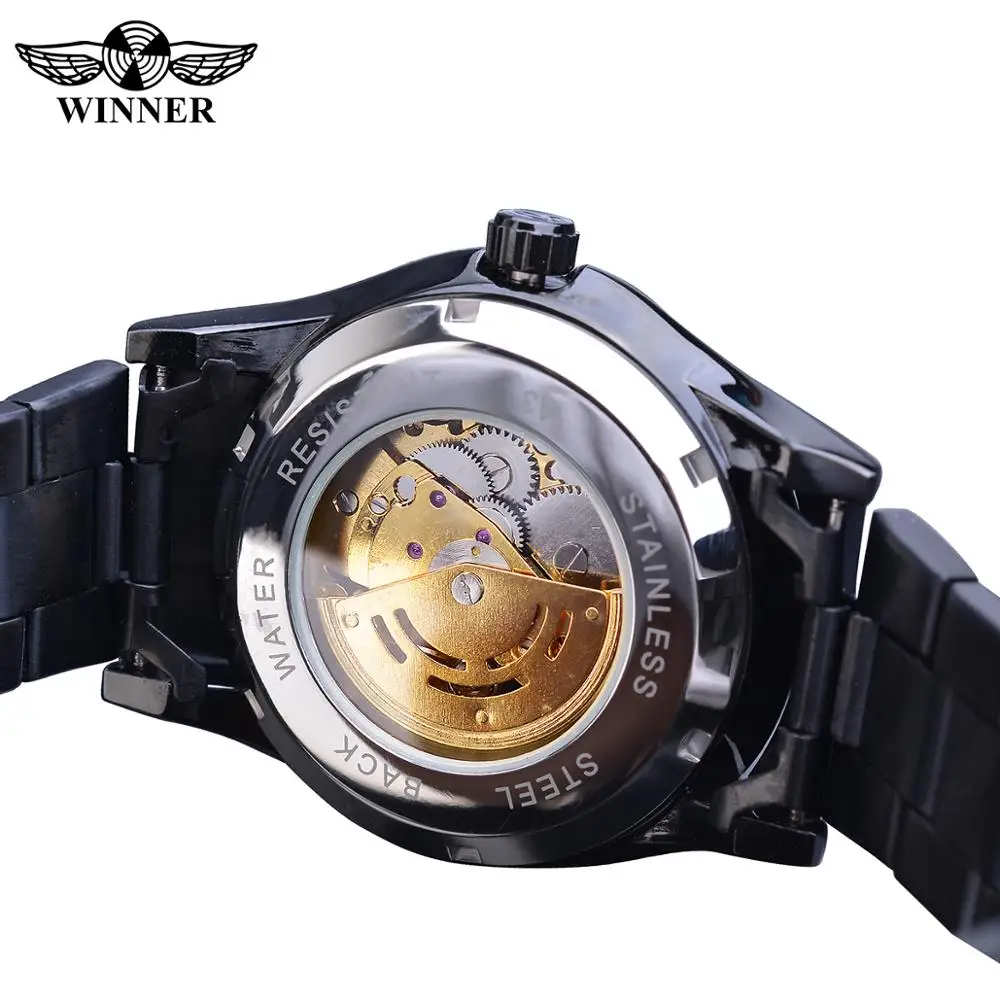 Часы-Скелетон Winner, новинка, спортивные механические часы Montre Homme, черные часы со стальным ремешком, мужские деловые автоматические часы