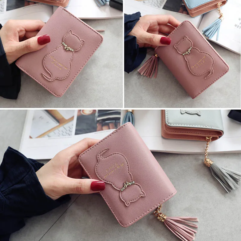 Женский короткий кошелек с кисточками и кошкой на молнии для монет небольшой