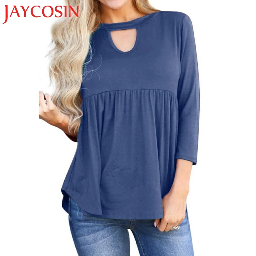 2018 Футболка женская Повседневная однотонная с вырезом гофрированная