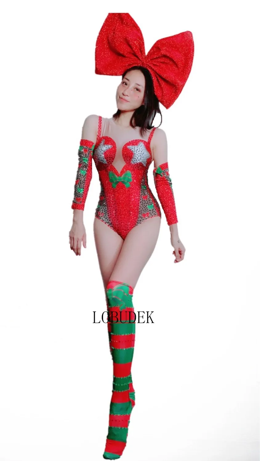 Valentine's Day Women Nightclub Dancer Jazz Performance Stage Bodysuit Red Crystals Elastic Bodysuits Bar Party Singer Costume
