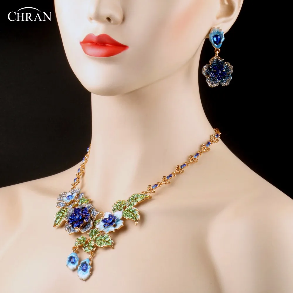 Chran Изысканный Эмаль Цветок костюм свадебный комплект ювелирных изделий Classic Gold