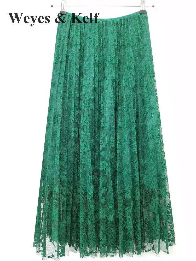 

Weyes & Kelf Sweet Spring Solid Lace Skirt 2018 Summer Elastic Waist Lace Skirt For Women Beach Long Pleated Skirts Womens Black