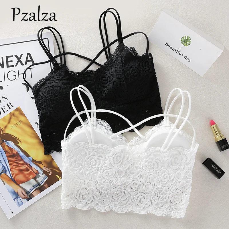 Спереди крест ремни сексуальные Bralette женские безрукавки кружевной топ без