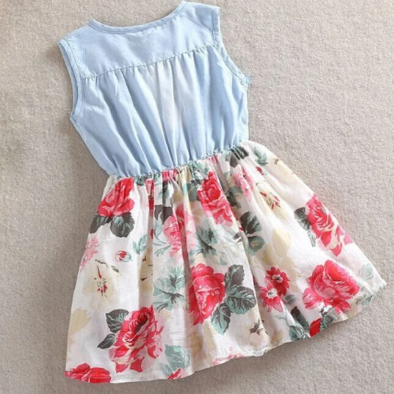 Hot Sell Girls dresses Lovely Kid Jean Denim Bow Flower Ruffled Dress Sundress Clothing Costume 2-9 years old |