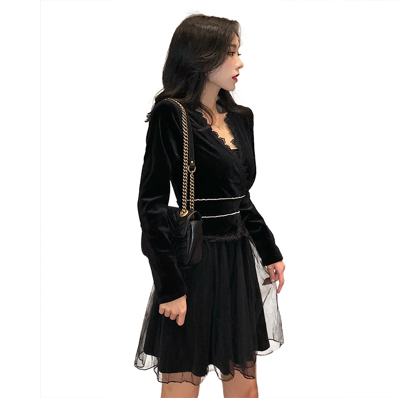 Женское платье с v образным вырезом и длинным рукавом в стиле ретро осень/зима