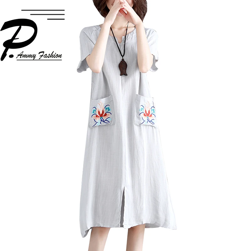 Женские Большие размеры разрез спереди платье с вышивкой 2018 новый хлопок и лен
