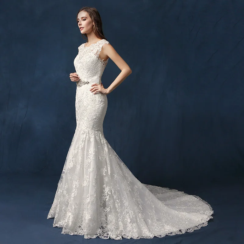 Длинные платья невесты Longo Vestido De Noiva Кружева Русалка Прополка платье расшитое блестками жемчугом белое с круглым вырезом спинки Robe De Mariee SLW080