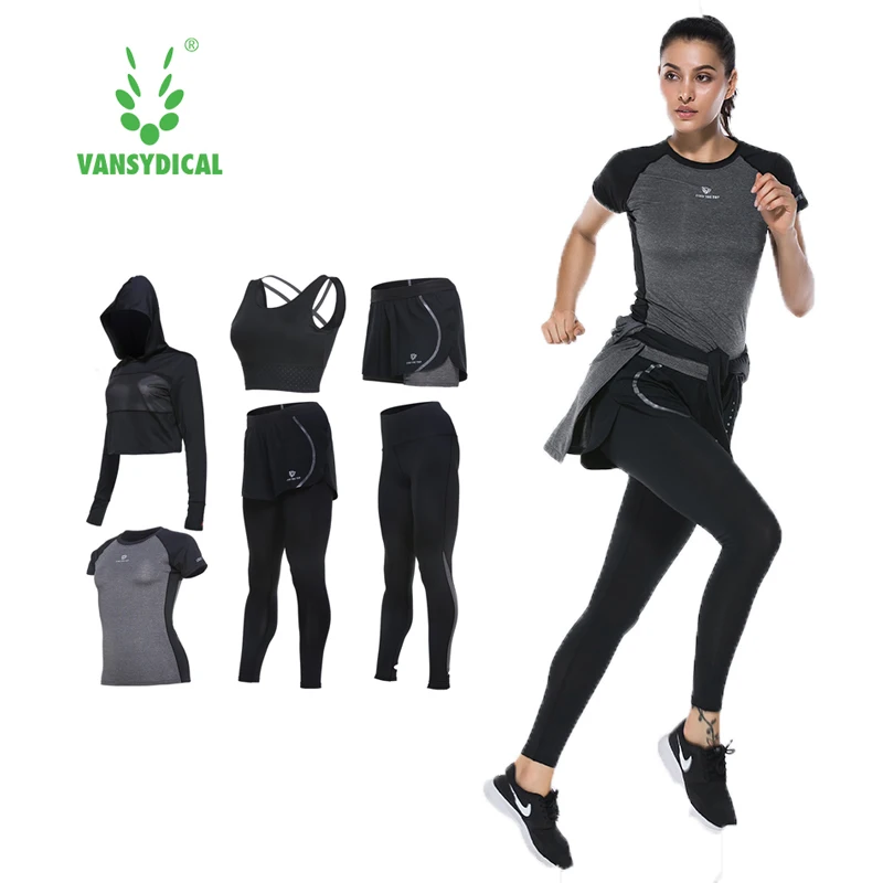 Vansydical Suits Women Sportswear Female Sports Trousers Fitness Gym Running Sets Quick Dry Gym Clothes Suit 6pcs
