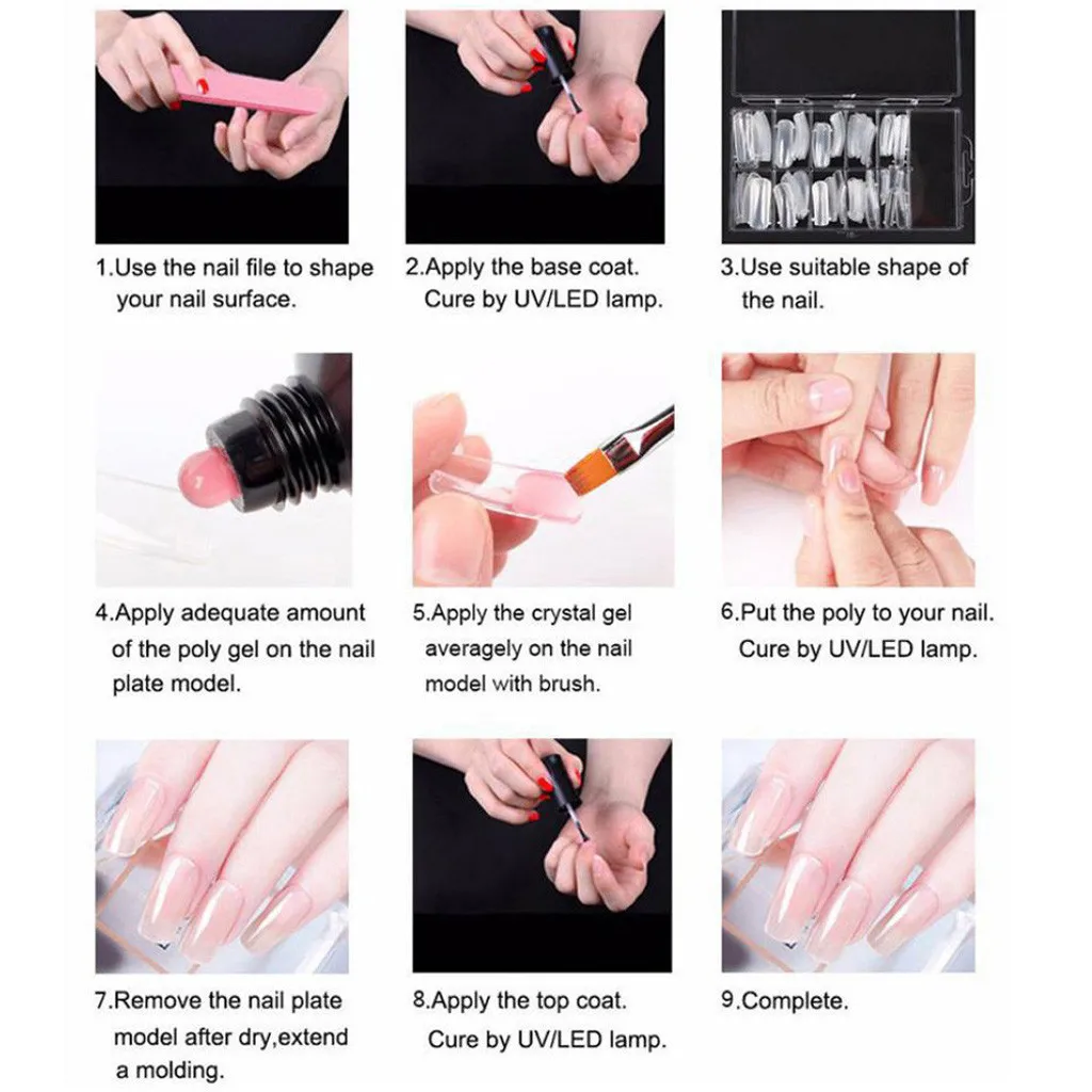 Блеск DIY поли гель Kits15ML прочный 100 шт накладные ногти клип удаление омертвевшей кожи Кисти Набор ногтей гель прозрачный дизайн ногтей камуфляж