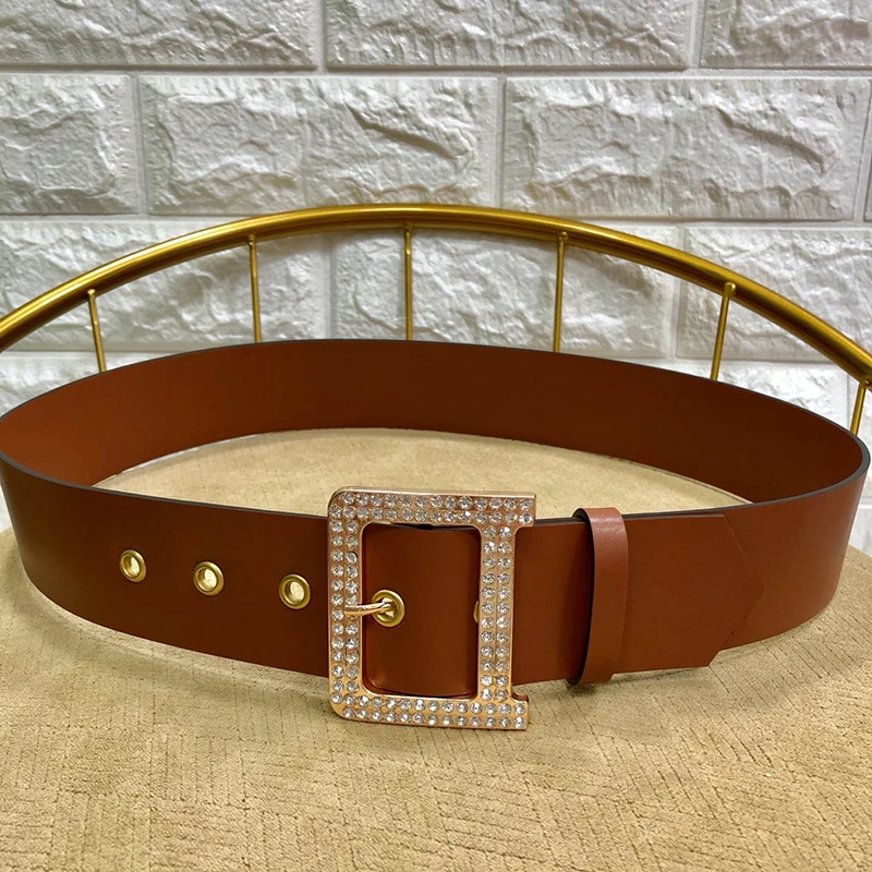 Подлинная коровья кожа кожаный ремень для платья Bling Пряжка с бриллиантами 5,0 см широкий пояс женский модный пояс с буквенным принтом Jc3026