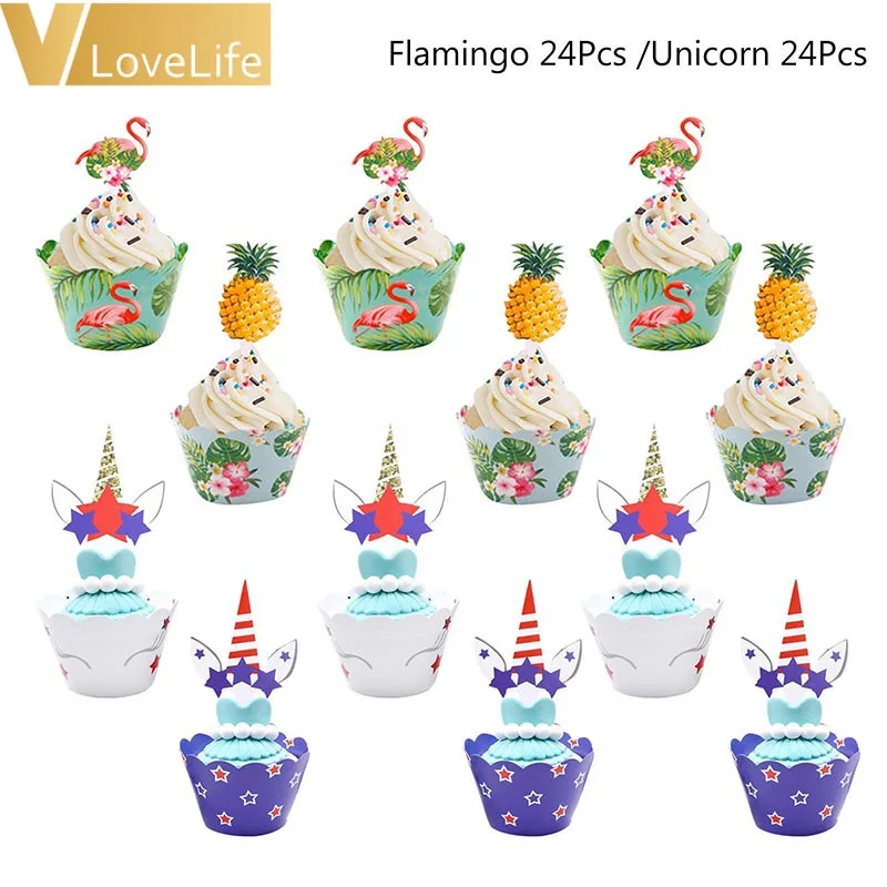 24 шт Единорог кекс обертка Радуга торт Топпер Фламинго тематическая вечеринка на