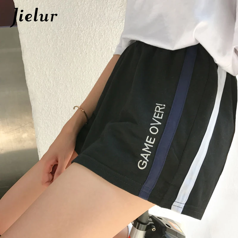 Jielur полосатые шорты с вышивкой и эластичным поясом Свободные шорты M-XXL Женские летние шорты черные женские шорты
