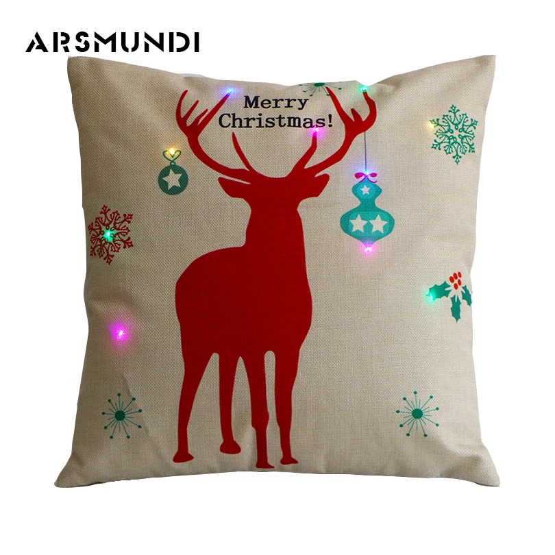 

Fashion Flax printed LED Cushion Cover Christmas Decorations For Home Tree Reindeer Pillow Case 45Cm*45Cm
