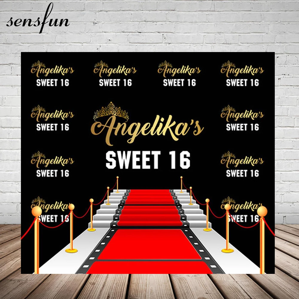 

Sensfun Red Carpet Sweet 16 Birthday Party Photography Backdrop Gold Name Crown Black Backgrounds For Photo Studio Vinyl