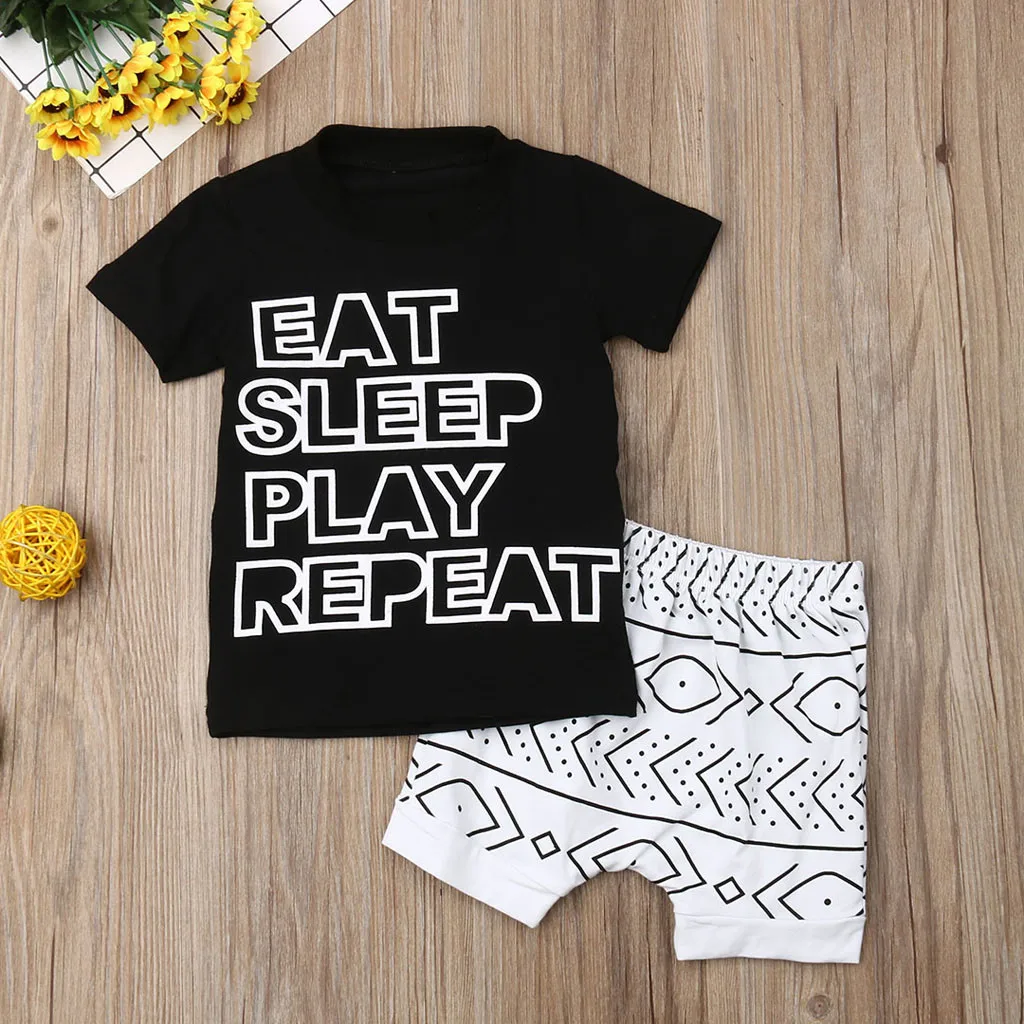 Toddler Boy Newborn Baby Sets 2019 Letter T Shirt Tops Geometry Print Shorts Outfits Summer roupa menino 3 ans Kleding Boys |