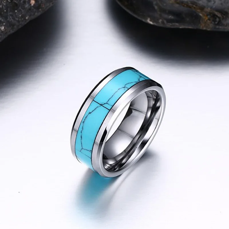 8mm Classic Simple Design Tungsten Rings Men Blue Turquoises Natural Stone For Male Charm Party anillos mujer | Украшения и
