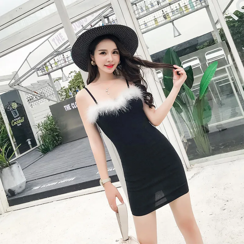 Сексуальная Спагетти ремень платье Женщины Оболочка Bodycon мех черный розовый мини
