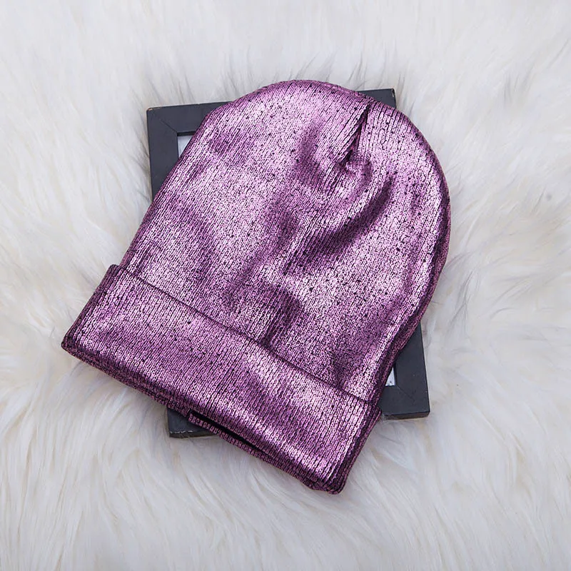 Bronzing Hat Purple Новые бронзовые золотые и серебряные шапки для женщин зимние вязаные теплые шапки женские шапочки - Цвет: Bronzing Hat Purple
