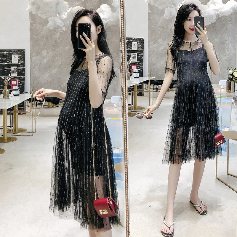 Летнее модное черное Сверкающее платье эластичное пляжное для беременных