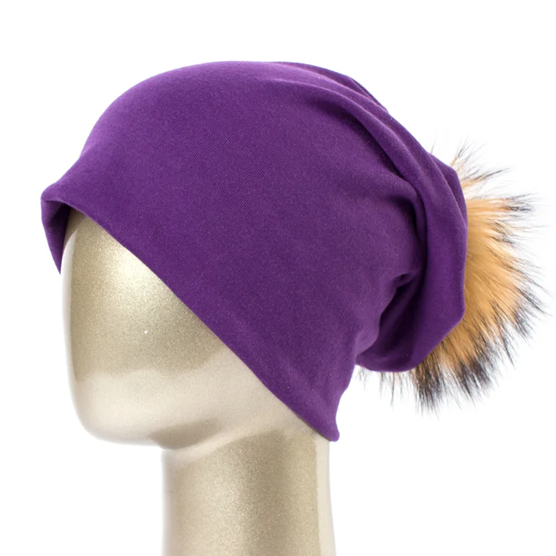 Purple A Бренд Geebro, женская шапка бини, Повседневная хлопковая шапка с помпоном, шапки бини, енот, помпон Лисий мех, Skullies, шапки-Балаклавы для женщин, JS294 - Цвет: Purple A