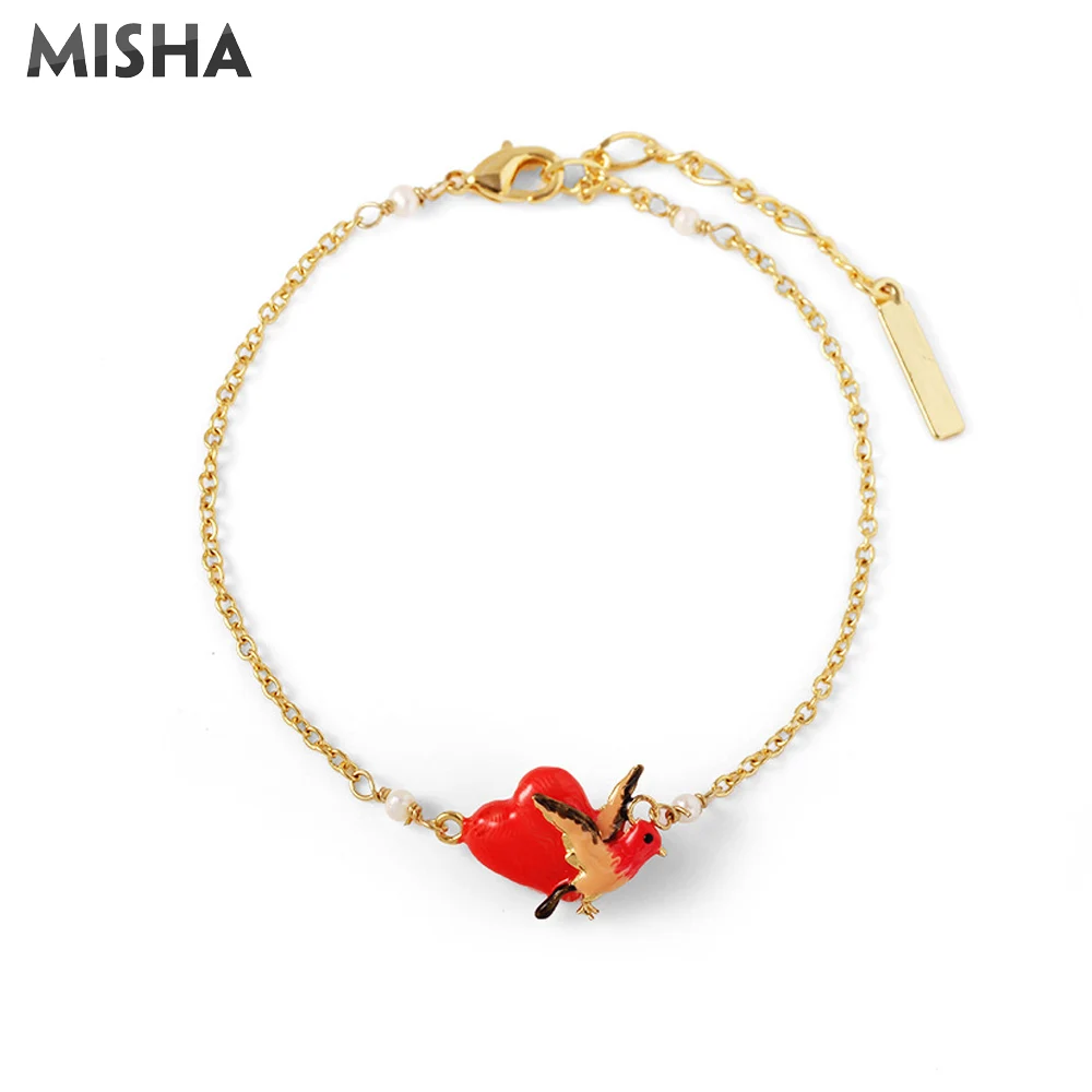 Bracelet MISHA Модные Ювелирные наборы для женщин ожерелье серьги и браслет эмалированная глазурь ручной работы птица и Любовь дизайн женский подарок 02718 - Окраска металла: Bracelet