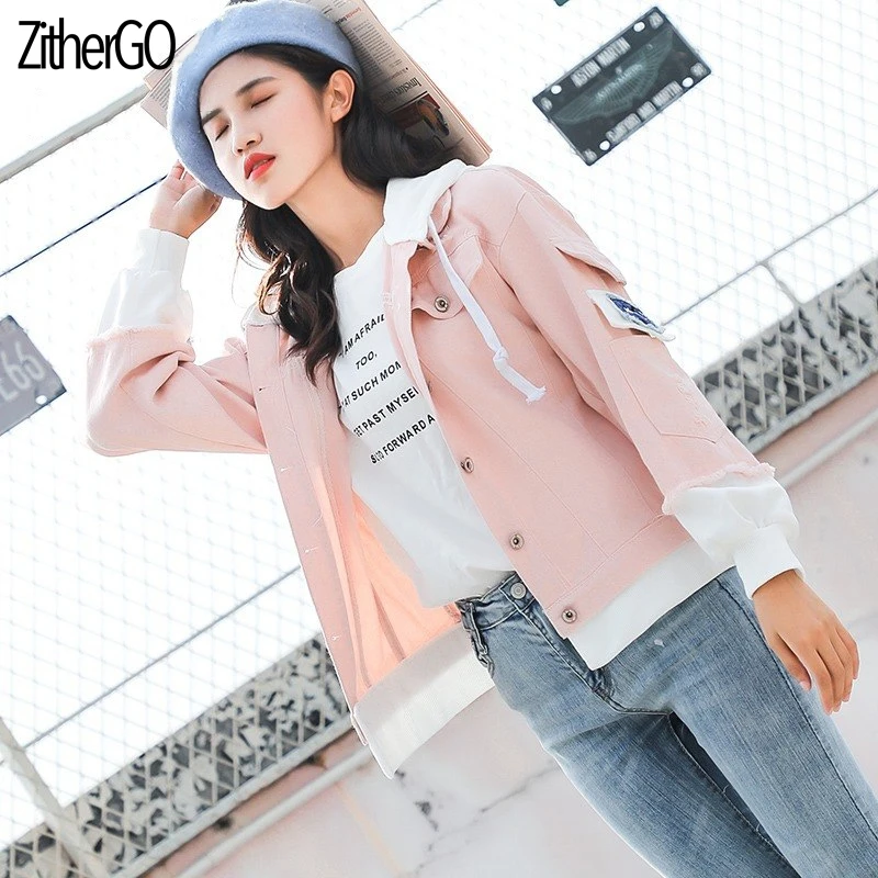 ZitherGo/Новинка 2019 года женская повседневная короткая джинсовая куртка с капюшоном