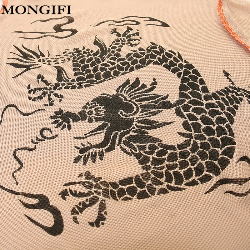 MONGIFI Черный Дракон печатных футболка Femme пикантные Перспектива с длинным рукавом