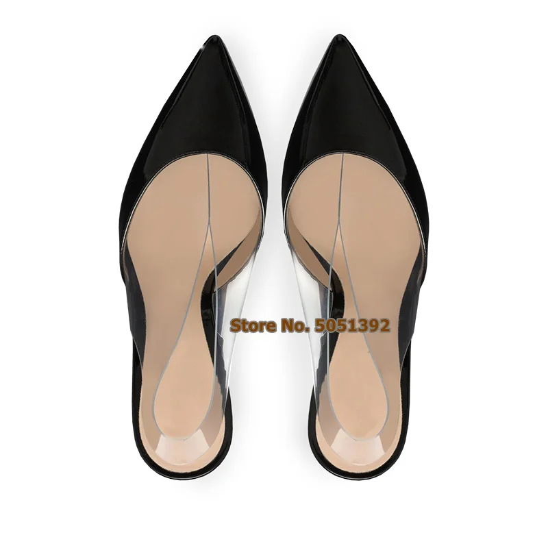 

Women Fashion Transparent PVC Clear High Thin Heel Patchwork Patent Leather Pointed Toe Pumps Sexy Large Size Shoes Back Strap