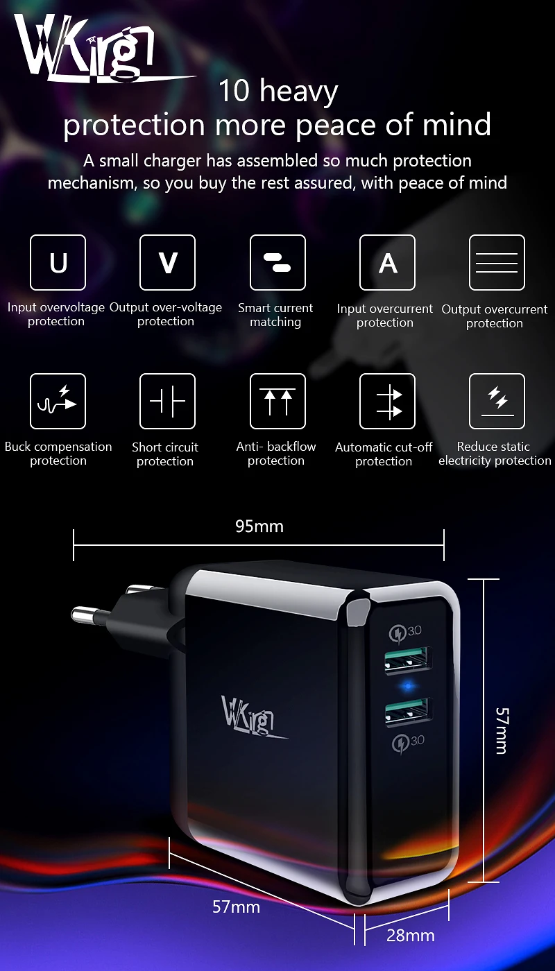 VVKing 2 USB зарядное устройство 36 Вт Быстрая зарядка 3,0 быстрое зарядное устройство для iPhone samsung Galaxy s9 Xiaomi huawei LG телефон двойной QC3.0 зарядное устройство