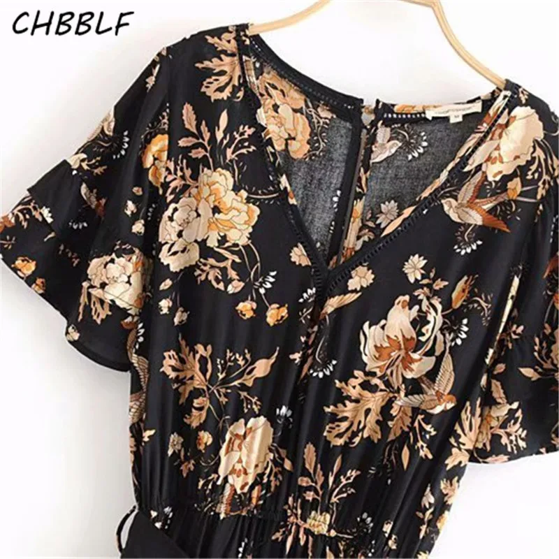 CHBBLF Женские винтажные цветочный мини-платье V шеи с коротким рукавом